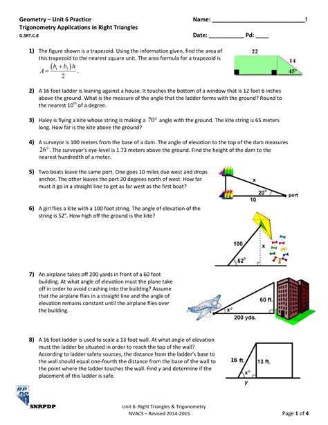 Right Triangle Trigonometry Solving Word Problems Worksheet Answer Key